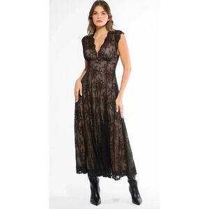 Popilush Black Lace Overlay Maxi Dress Nude Lined Womens New With Tags
